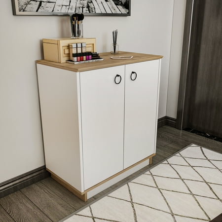 Modern white storage cabinet with a wooden top, featuring two doors, black metal handles, and a sleek design, suitable for various rooms like the bedroom or kitchen.