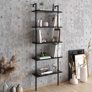 Modern 5-tier bookshelf with a black marble effect and black shelves, featuring a sleek metal frame, ideal for home or store use, showcasing decorative items and books.