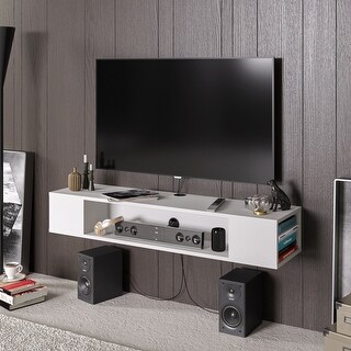 Wide modern floating TV stand in white veneer, designed for 65-inch TVs, featuring two open shelves, a sleek design, and paired with black speakers on either side.