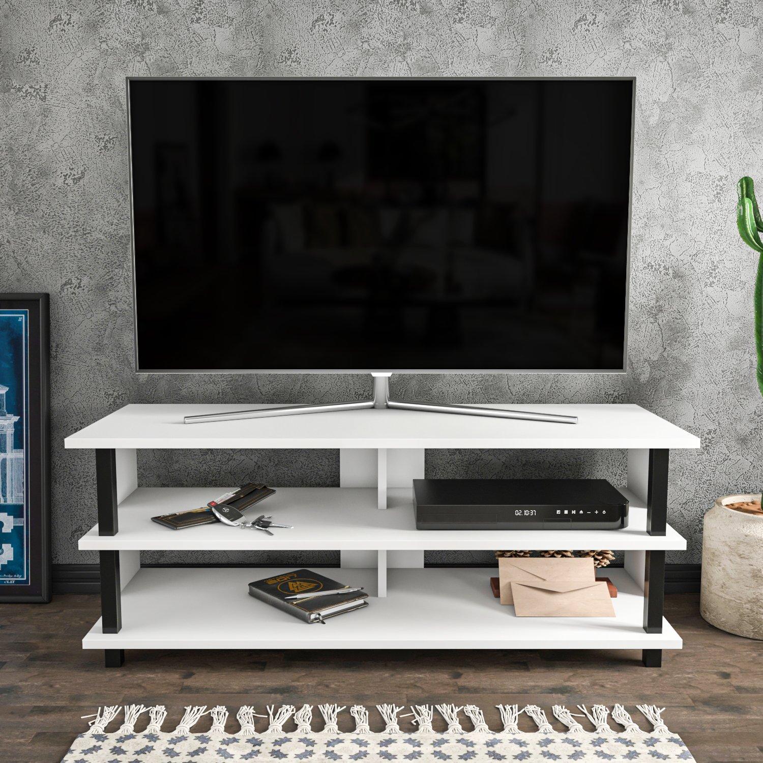 Black and white TV stand with open shelves, featuring a sleek design, sturdy black metal legs, and a modern aesthetic, perfect for storage and display.