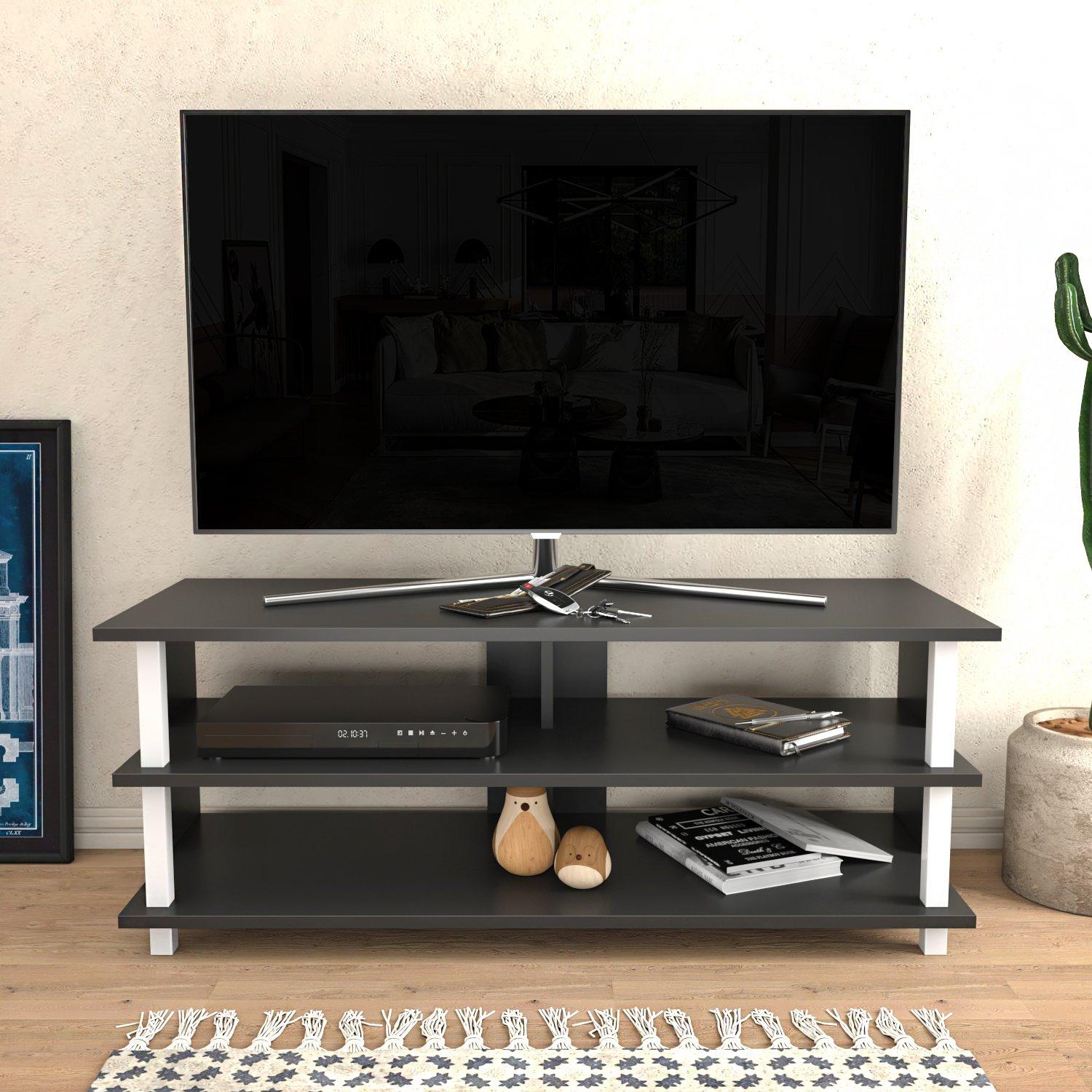 White and anthracite TV stand with open shelves, featuring a sleek design, sturdy construction, and ample storage space for electronics and decor.