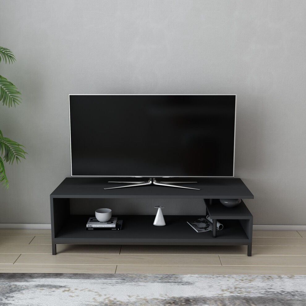 Black and anthracite TV stand featuring open shelving, sleek metal legs, and a minimalist design, perfect for modern living spaces.