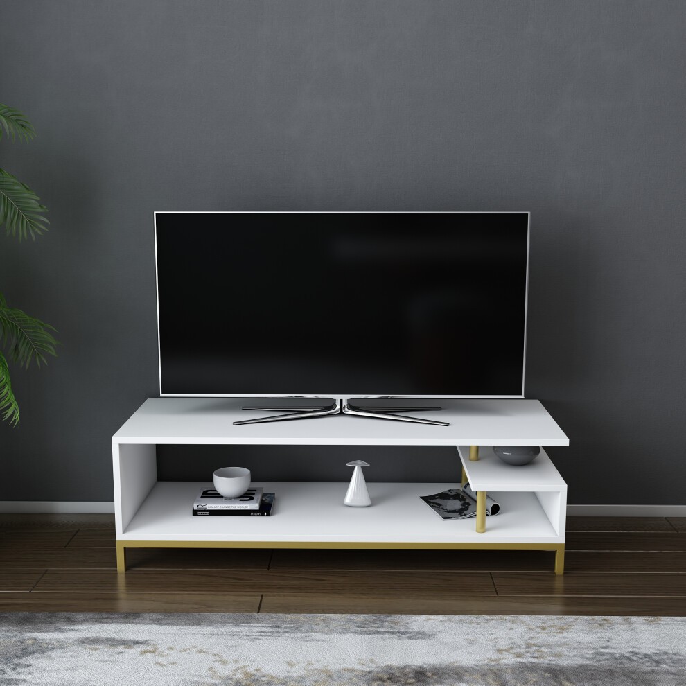 Gold and white Decorotika Reilly 120 cm TV stand featuring open shelving, metal legs, and a sleek design, complemented by a modern television and decorative items.