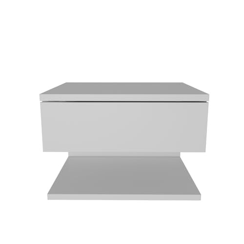 White modern minimalist bedside table with a sleek design, featuring a single drawer and a flat base, crafted from smooth material for a contemporary look.
