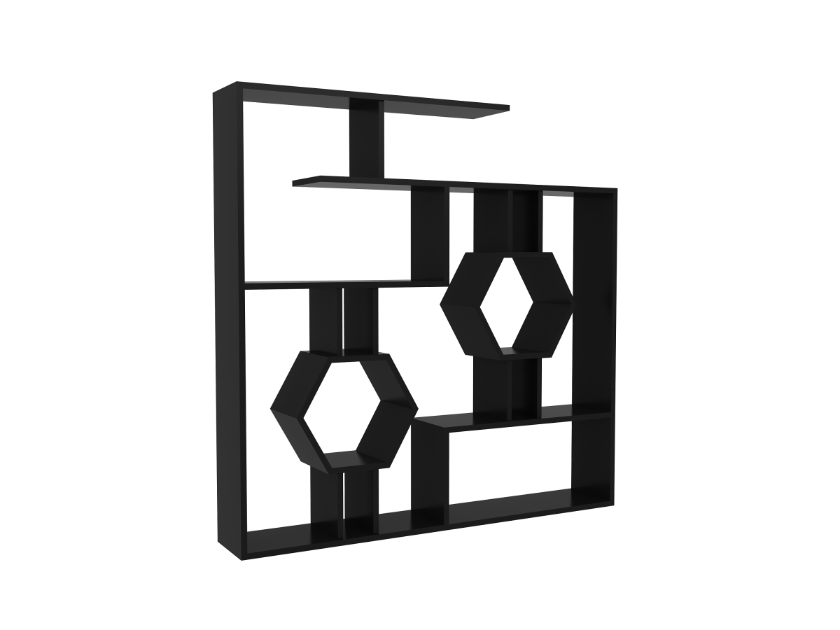 Black geometric bookcase featuring unique hexagonal and rectangular shelves, made from sturdy material, perfect for displaying books and decor.