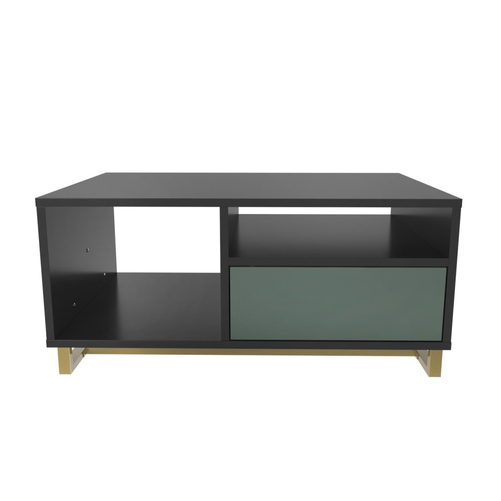 Black and green Utopie coffee table featuring a sleek design, metal legs, an open shelf, and a cabinet with a green front panel.