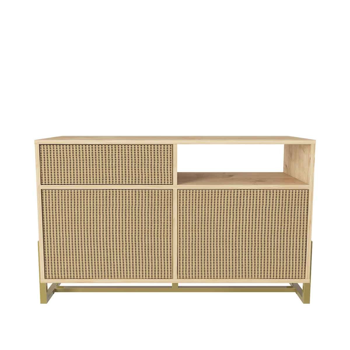 Modern sideboard featuring a light oak finish with rattan paneling, two closed storage compartments, an open shelf, and a sleek gold metal base.