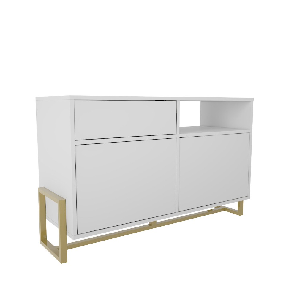 Modern white sideboard storage cabinet featuring a sleek design, two drawers, and two spacious compartments, supported by a stylish gold metal frame.