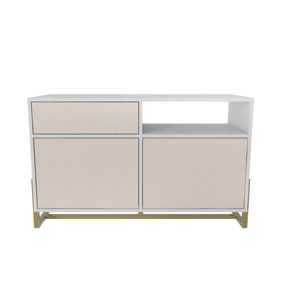 White and beige sideboard with two textured doors, one drawer, an open shelf, and sleek metal legs in a gold finish.