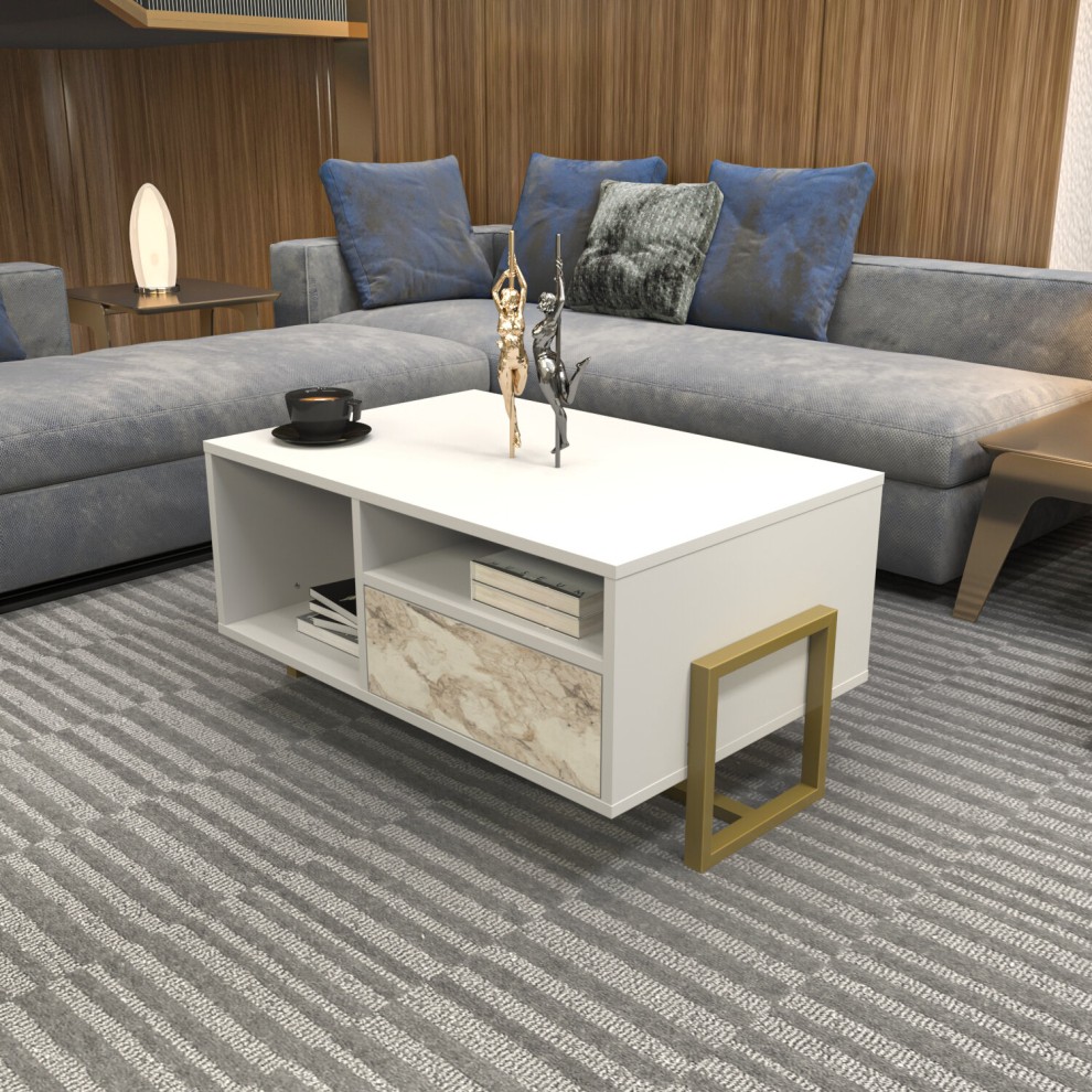 Decorotika Utopie White and Marble Effect 2 Shelf Coffee Table - image 2
