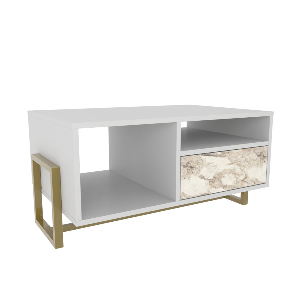 White coffee table featuring a white marble effect drawer front, open shelving, and sleek metal legs in a gold finish.
