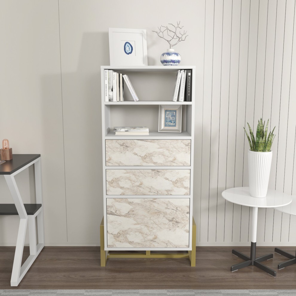 Decorotika Utopie White and Marble Effect 3 Cabinet and 2 Shelf Modern Bookshelf - image 2