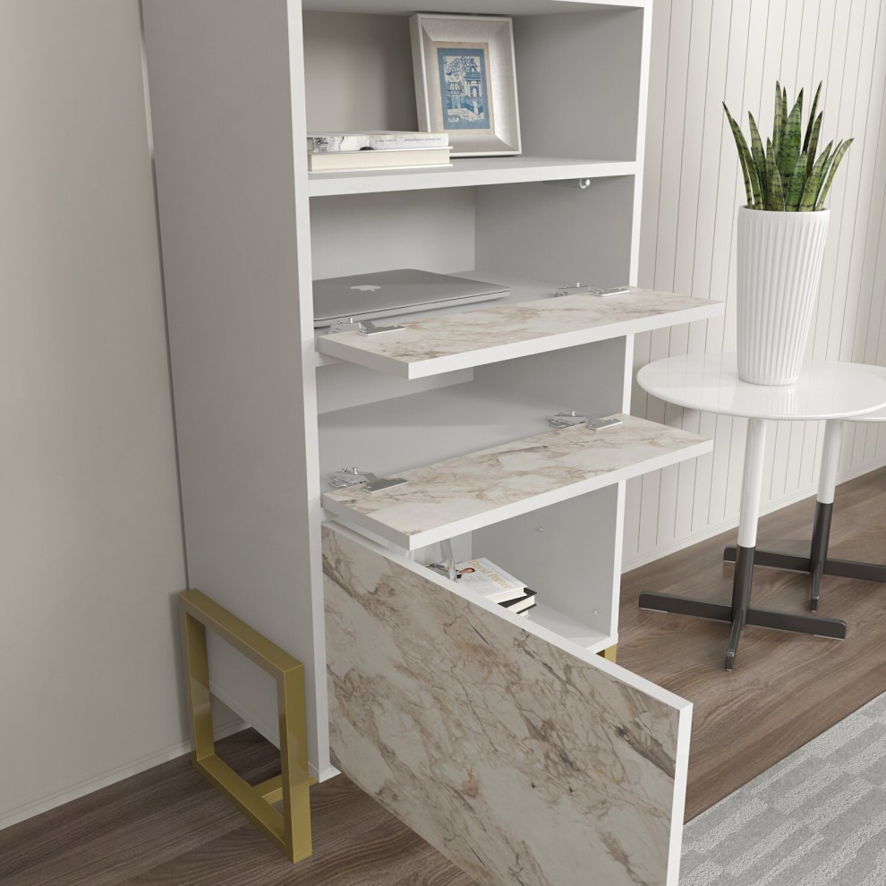 Decorotika Utopie White and Marble Effect 3 Cabinet and 2 Shelf Modern Bookshelf - image 4