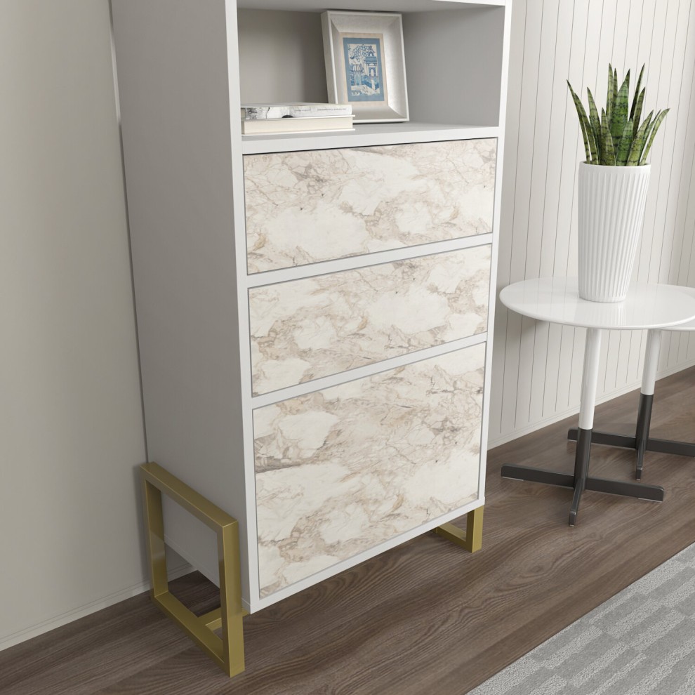 Decorotika Utopie White and Marble Effect 3 Cabinet and 2 Shelf Modern Bookshelf - image 5