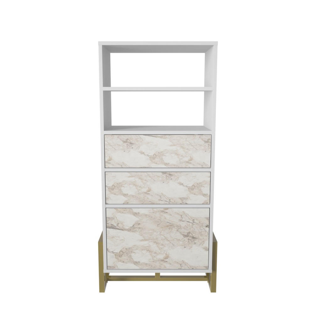 Modern white bookshelf with a white marble effect on three drawers, featuring an open shelf at the top and a sleek gold base for added elegance.