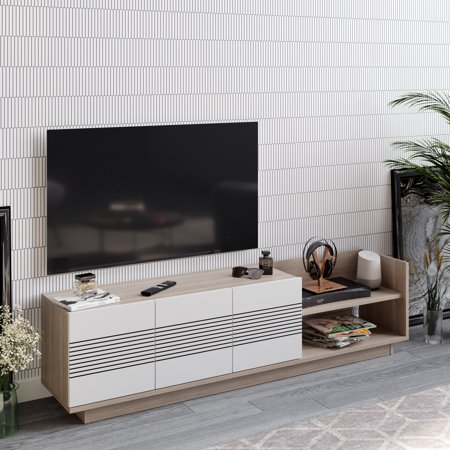 Stylish 167 cm TV unit in Cordoba wood and white, featuring four drawers with horizontal stripes, an open shelf, and a modern design, set against a textured wall.