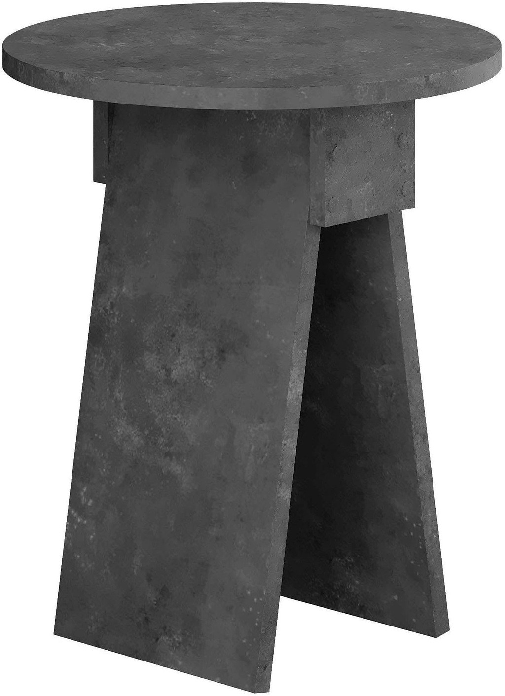 Round side table in retro grey, made of particleboard, featuring a sturdy, angular base and a smooth top, measuring 42x42x50 cm.