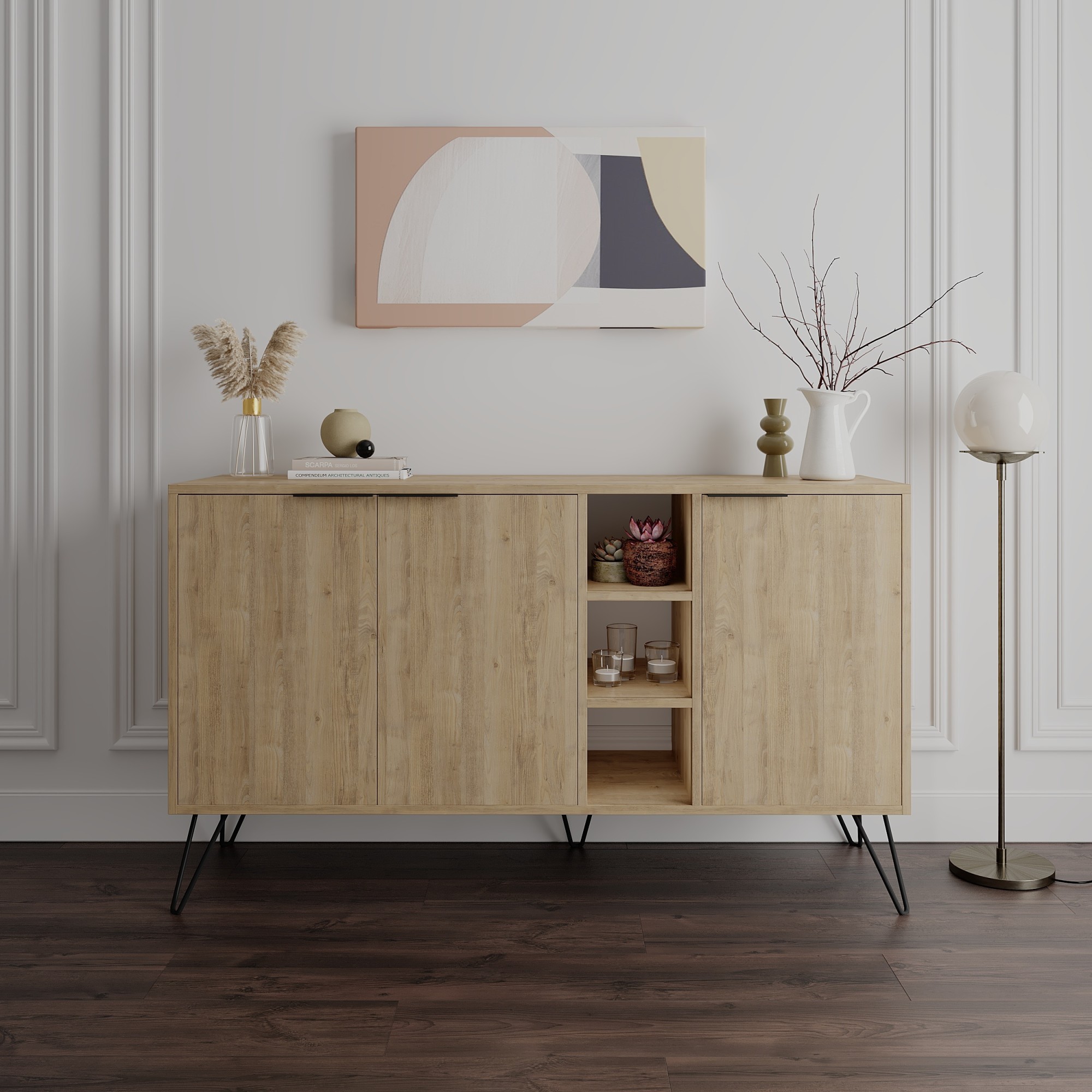 Decortie sideboard cabinet in oak and cream, featuring particleboard construction, metal legs, two sliding doors, and open storage shelves, styled with decorative objects.