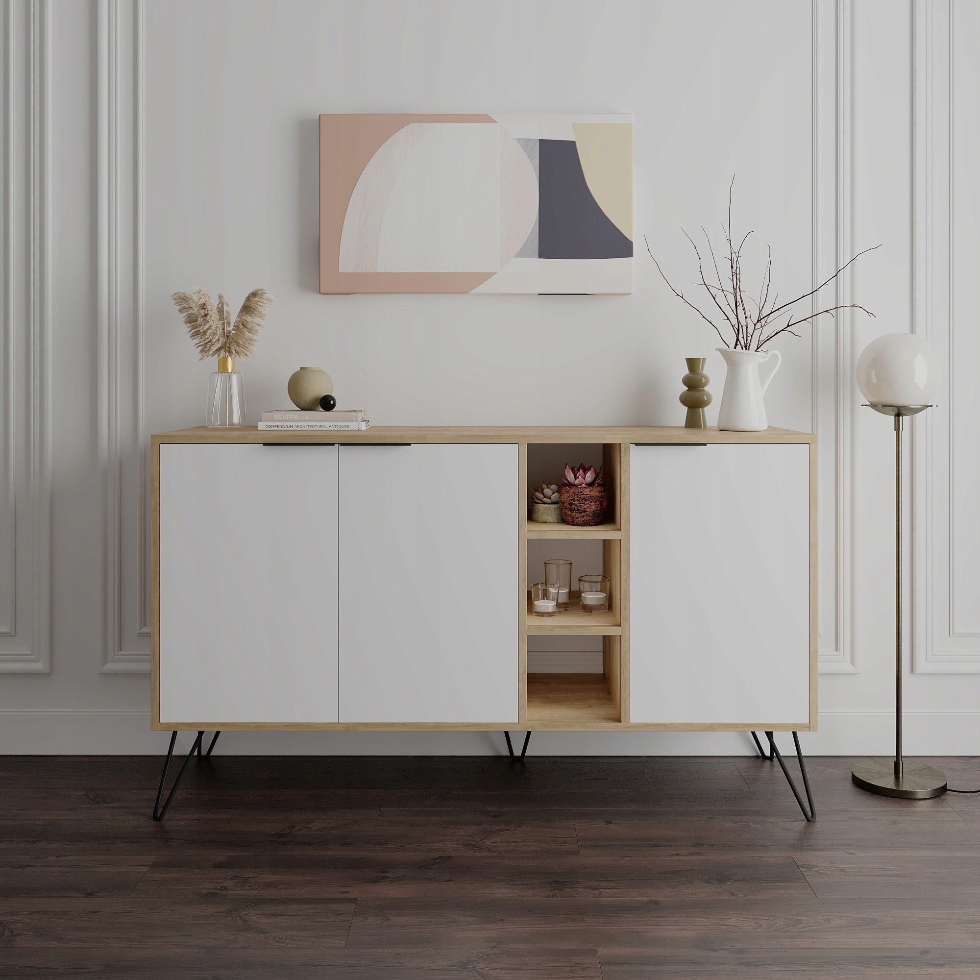 Decortie sideboard cabinet featuring a white particleboard finish with oak accents, metal legs, and open storage shelves, styled with decorative items and wall art.