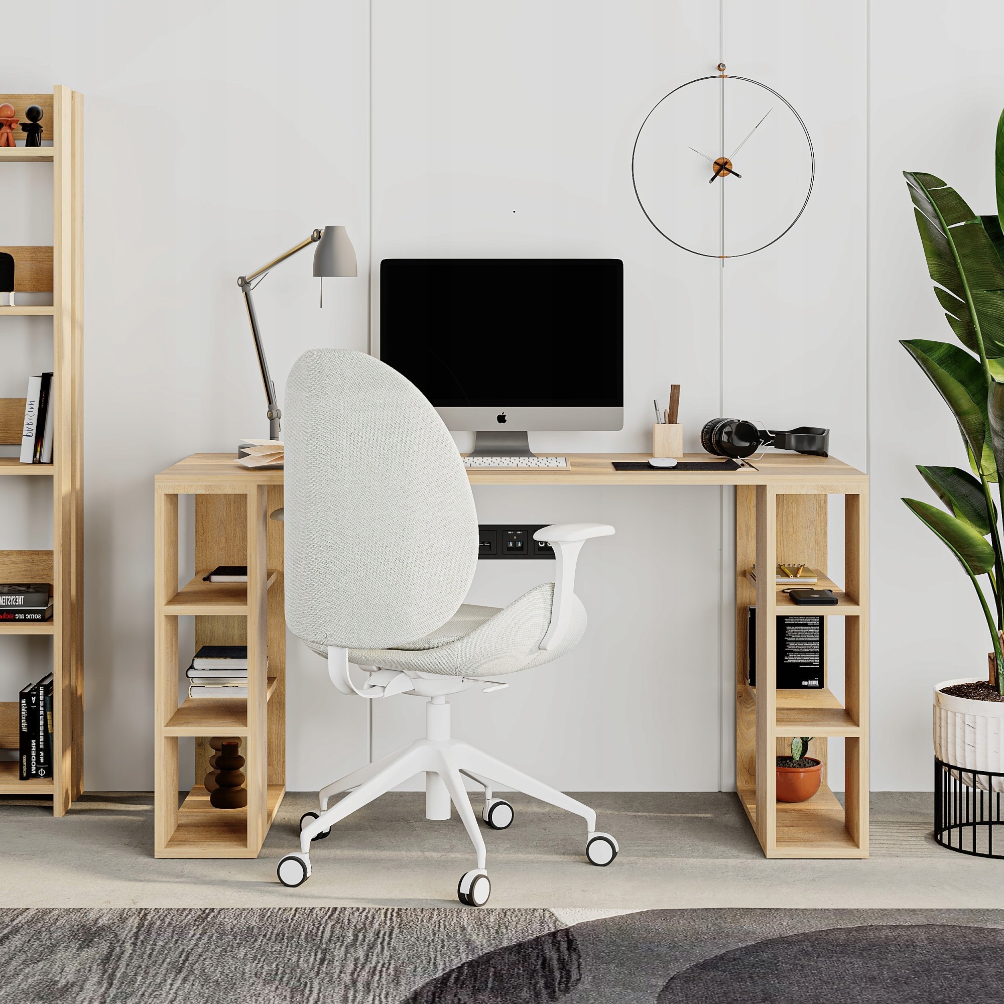 Cream-colored particleboard working desk with oak accents, featuring open shelves, a sleek design, and a modern white office chair, set against a minimalist backdrop.