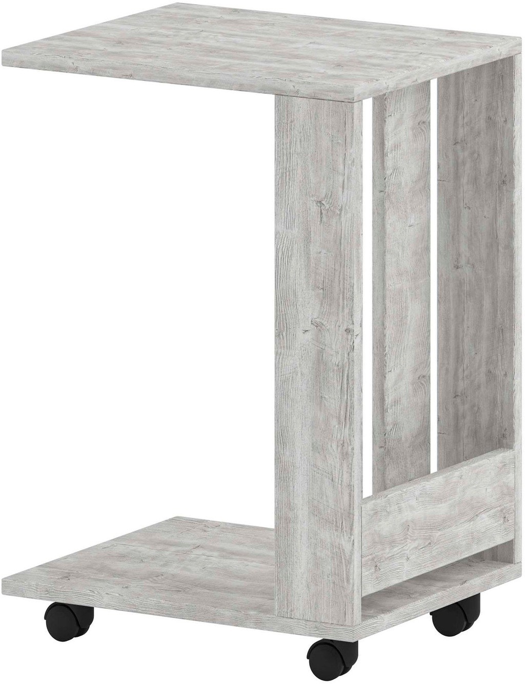 Light gray wooden side table with a minimalist design, featuring two shelves and four black wheels for easy mobility and space-saving storage.