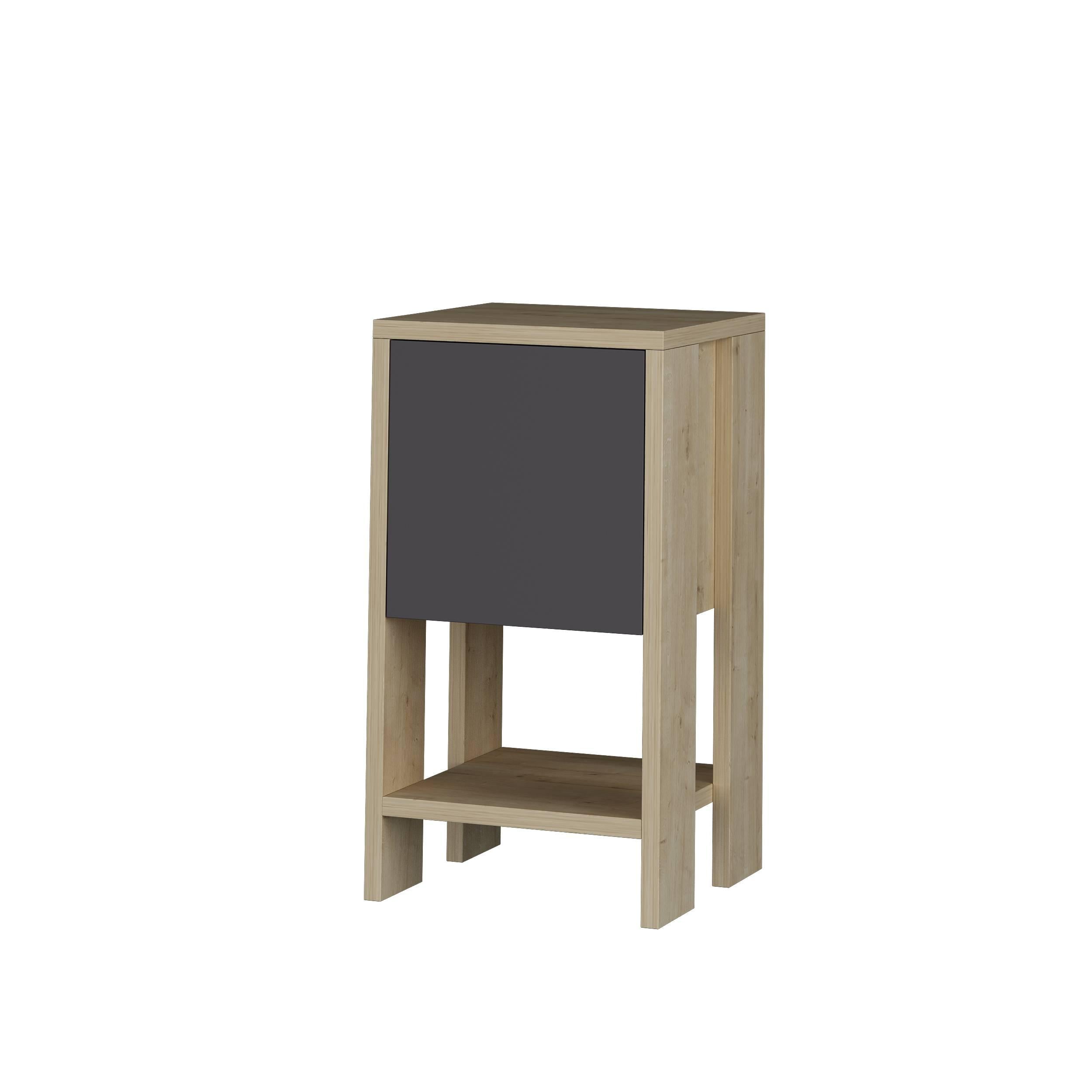 Anthracite grey particleboard bedside table with a minimalist design, featuring a closed storage compartment and an open shelf, measuring 30x30x55 cm.