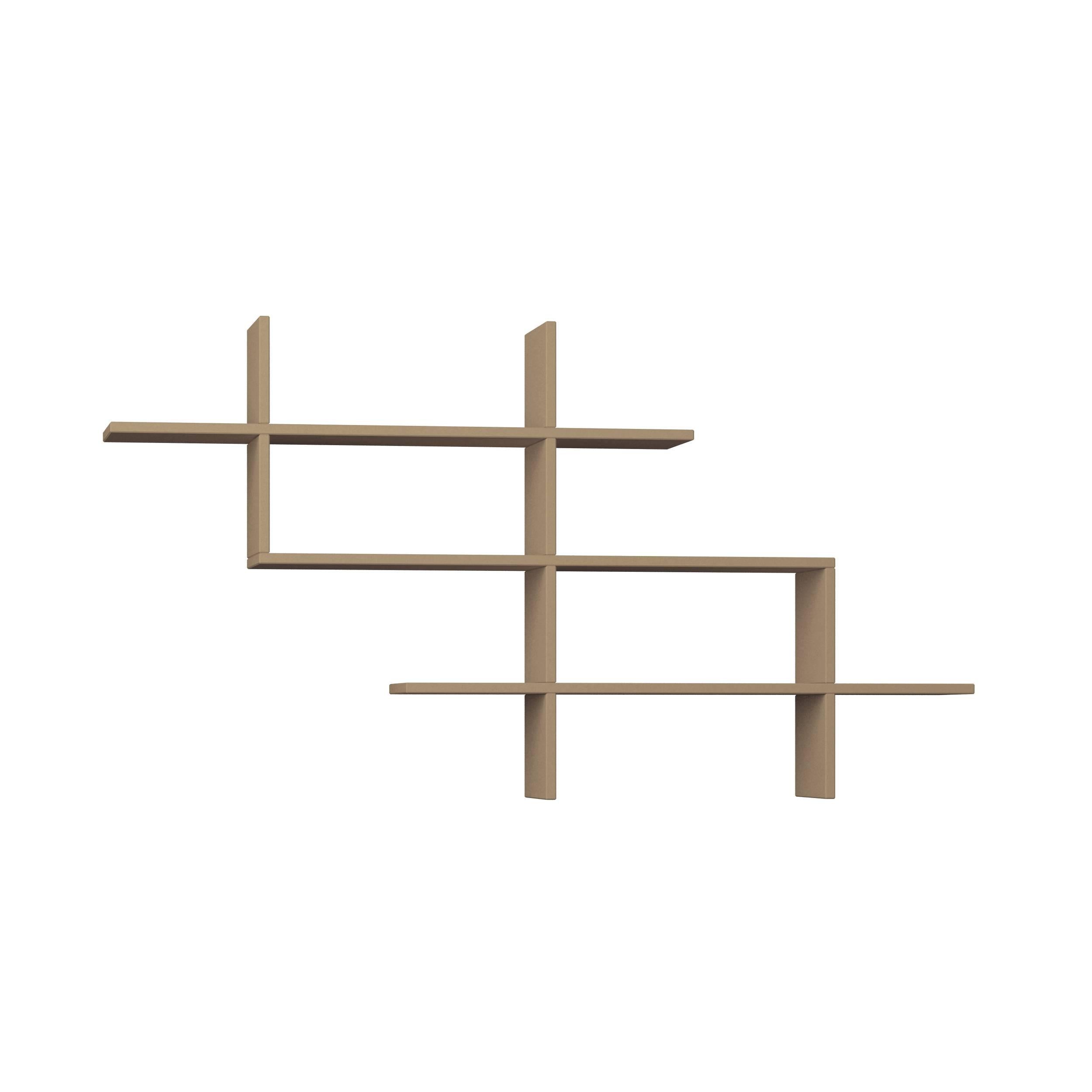 Wall-mounted floating shelf in mocha grey particleboard, featuring a modern, geometric design with multiple staggered levels for display and storage.