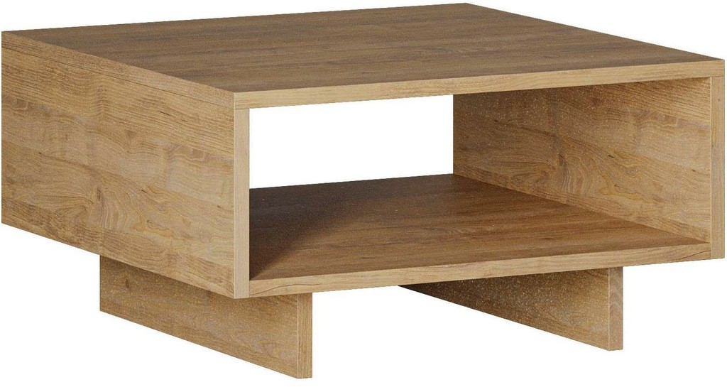 Square coffee table made of particleboard in oak finish, featuring a cream-colored top and an open shelf for storage, measuring 60x60x32 cm.