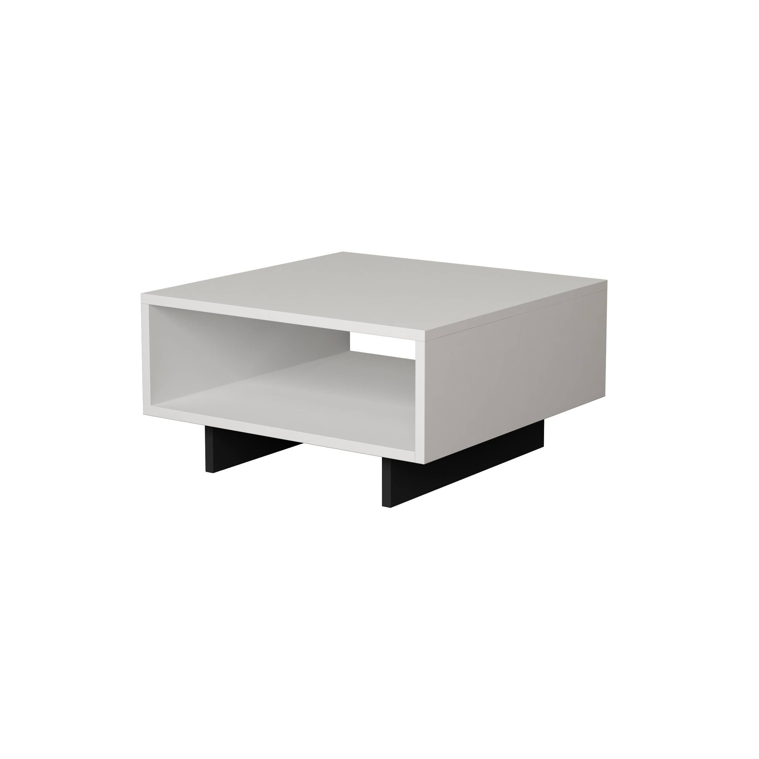 White particleboard coffee table with a sleek design, featuring an open shelf and black legs, measuring 60x60x32 cm.