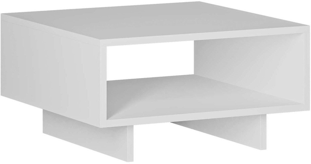 White particleboard coffee table with a minimalist design, featuring a square shape, open shelf, and sturdy legs, measuring 60x60x32 cm.