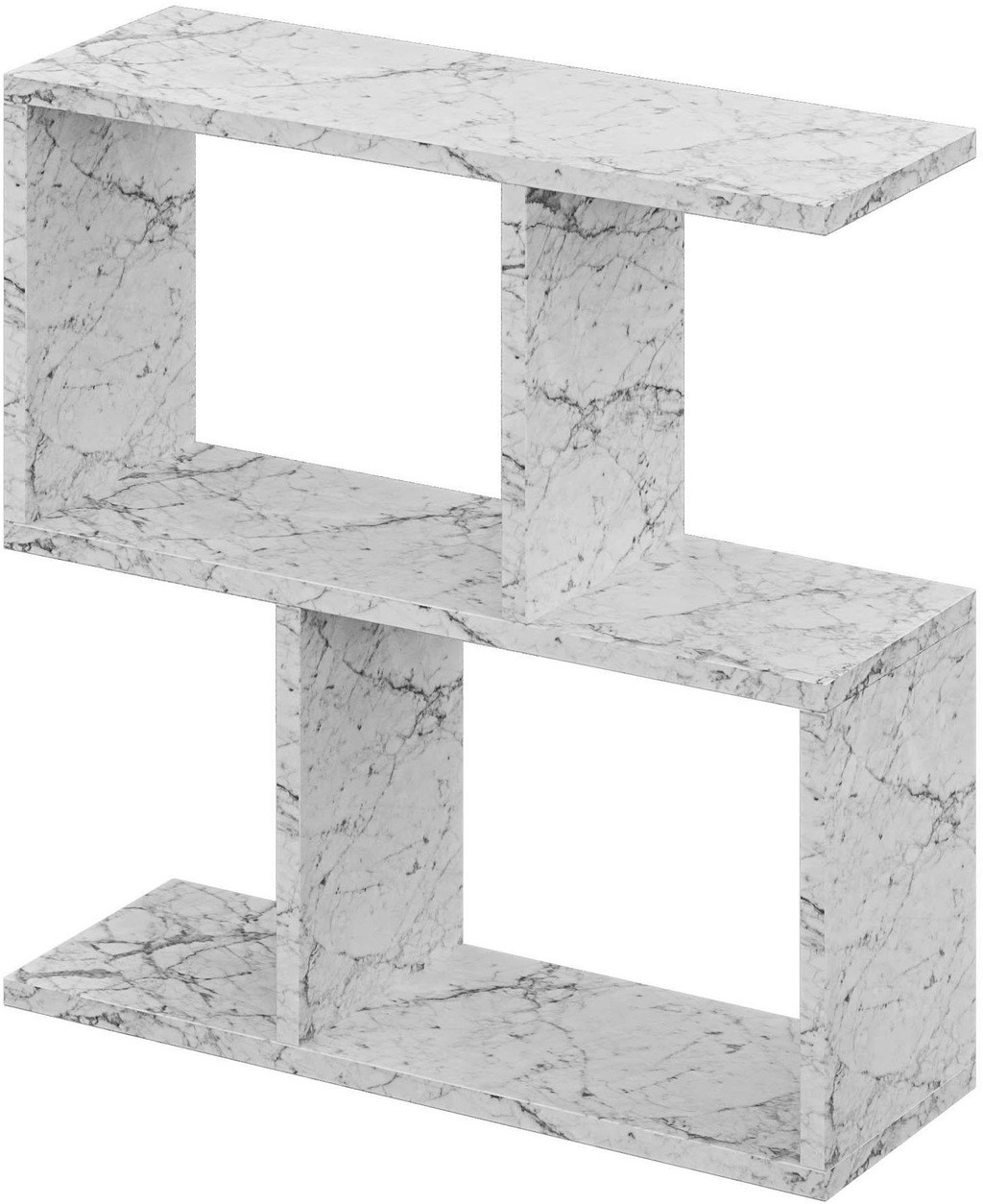White marble-effect side table with a modern, geometric design featuring two open shelves, ideal for storage and space-saving, easy to assemble.