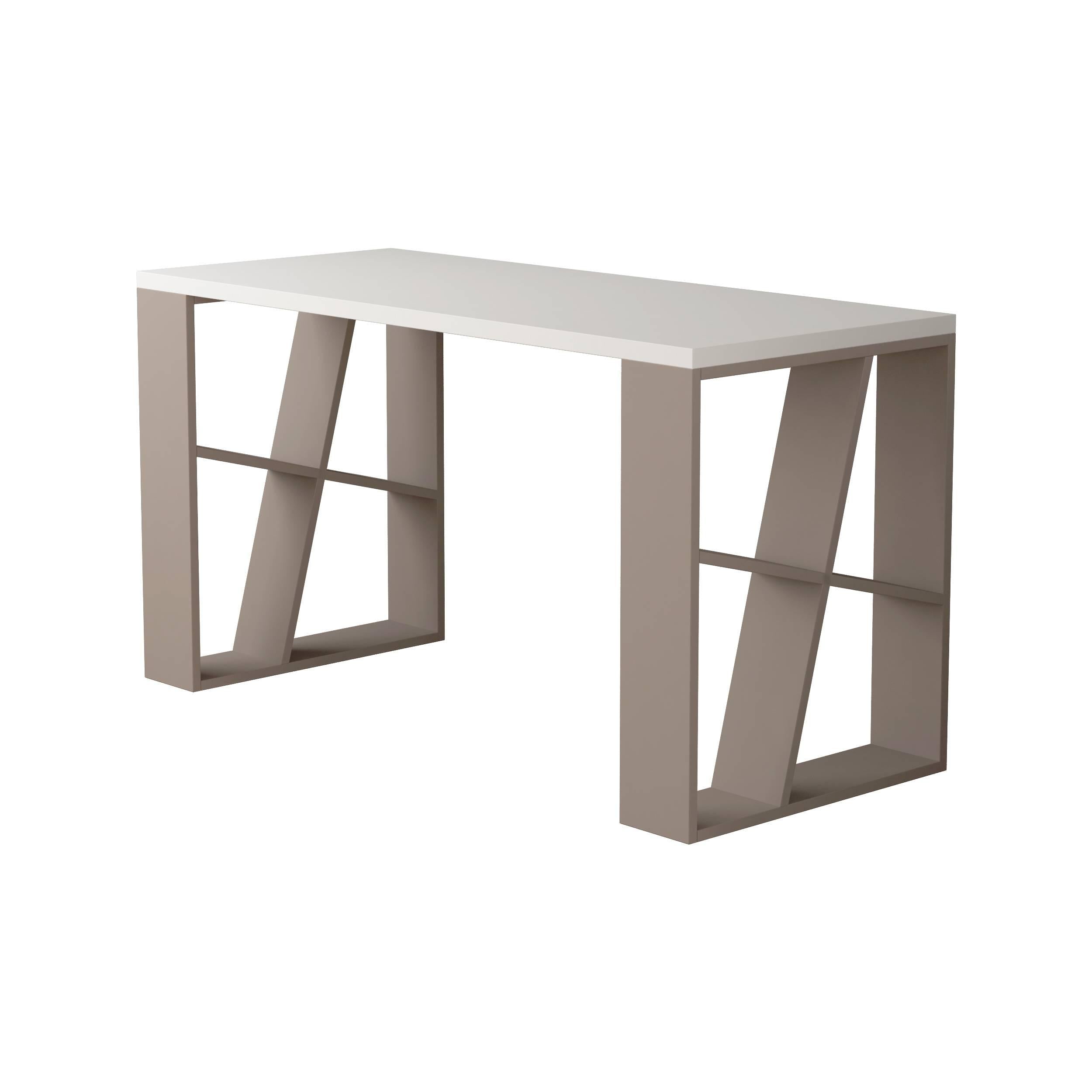White particleboard working desk with a sleek design, featuring a minimalist top and unique angled beige legs with open shelving for storage or display.