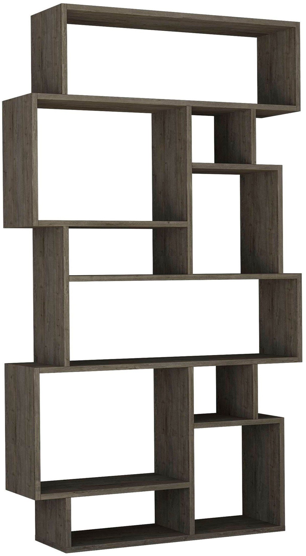 Wall-mounted bookcase shelving unit in dark coffee particleboard, featuring a modern design with various open compartments for display and storage, measuring 25.5x96x168.5 cm.