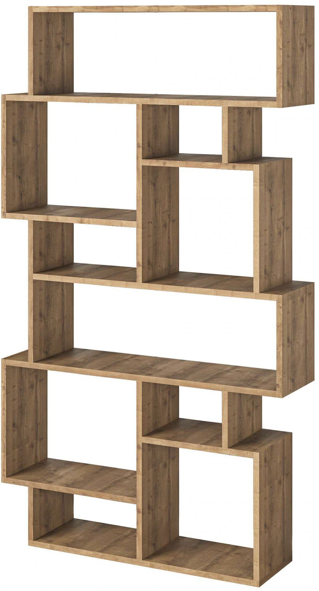Wall-mounted bookcase shelving unit in dark oak effect, featuring a modern geometric design with multiple open compartments, made from particleboard, measuring 25.5x96x168.5 cm.