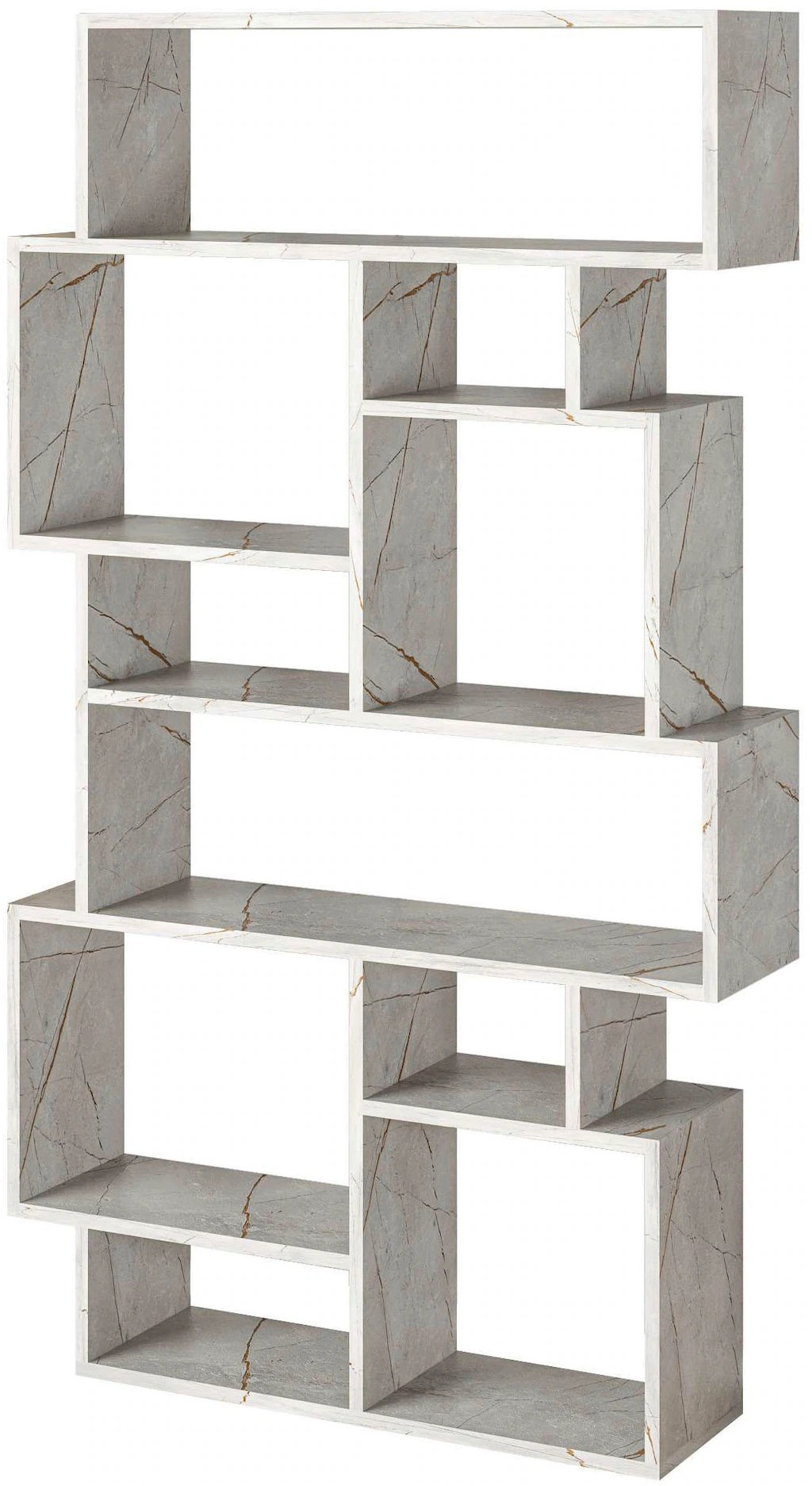 Modern bookshelf with a geometric design, featuring a light grey finish and marble-like texture, offering multiple storage compartments for space-saving organization.