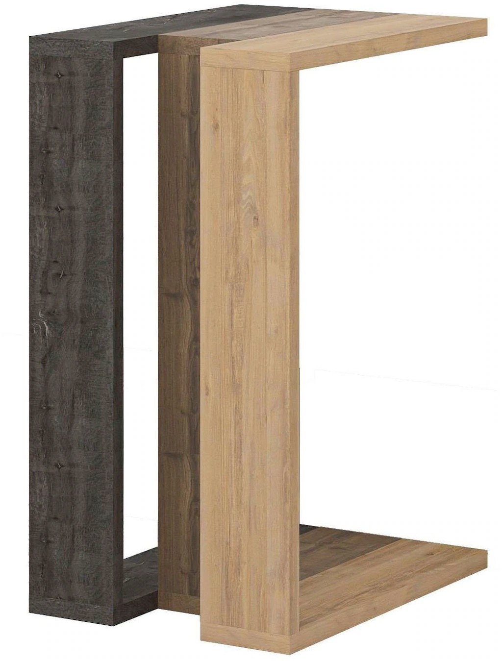C-shaped end table featuring a dark coffee particleboard frame with a dark oak effect and a light oak surface, measuring 40x30x57 cm.