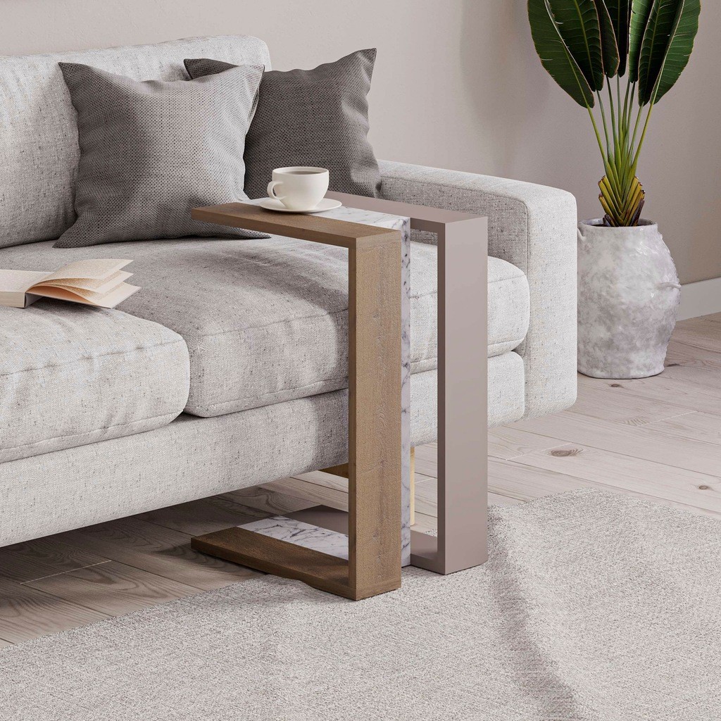 Decortie Muju Mocha Grey Oak and Gold Marble Effect Modern C Shaped Side Table - image 3