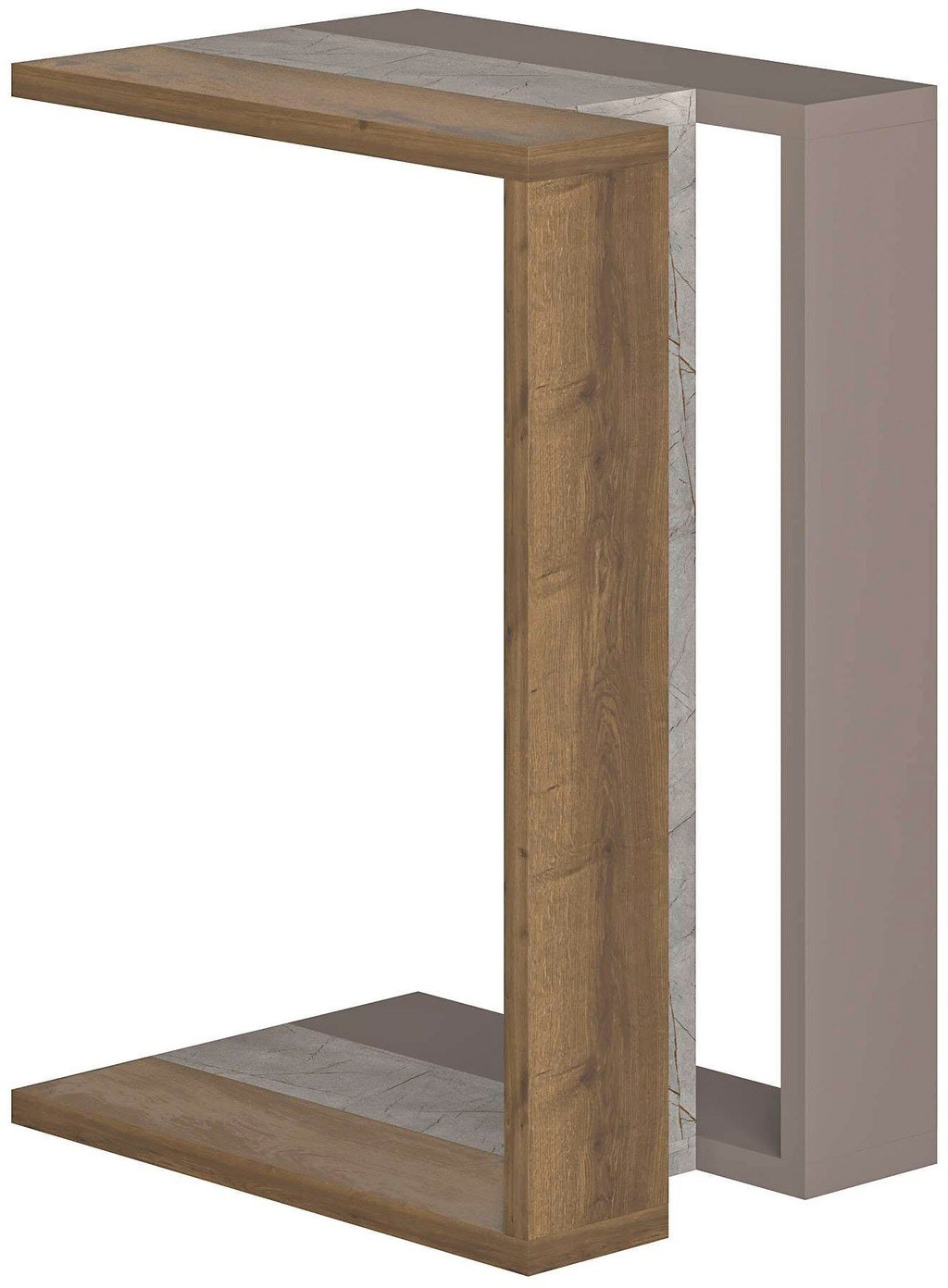 C-shaped end table featuring a dark oak effect particleboard frame, gold marble effect surface, and mocha grey accents, measuring 40x30x57 cm.