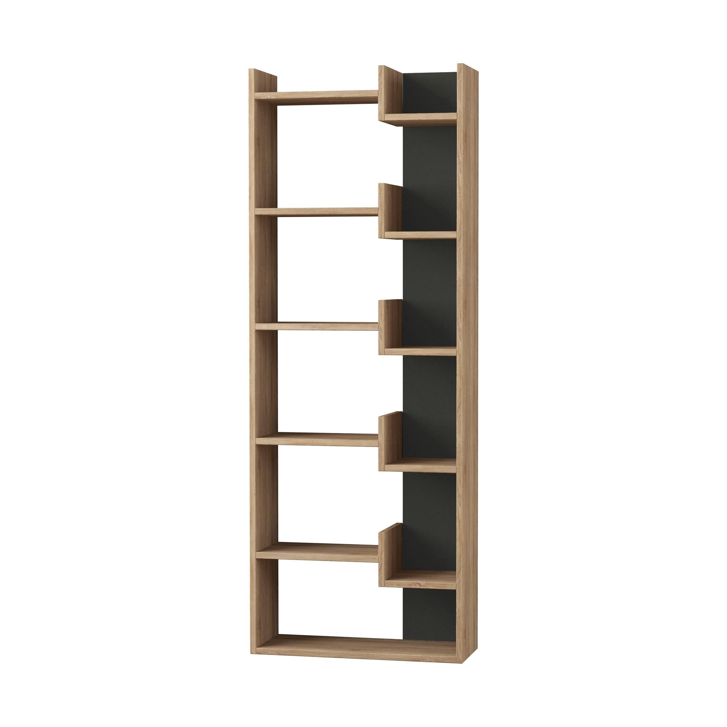 Tall wall-mounted bookcase in anthracite grey and light wood, featuring multiple shelves in varying sizes for books and decor, made from durable particleboard.