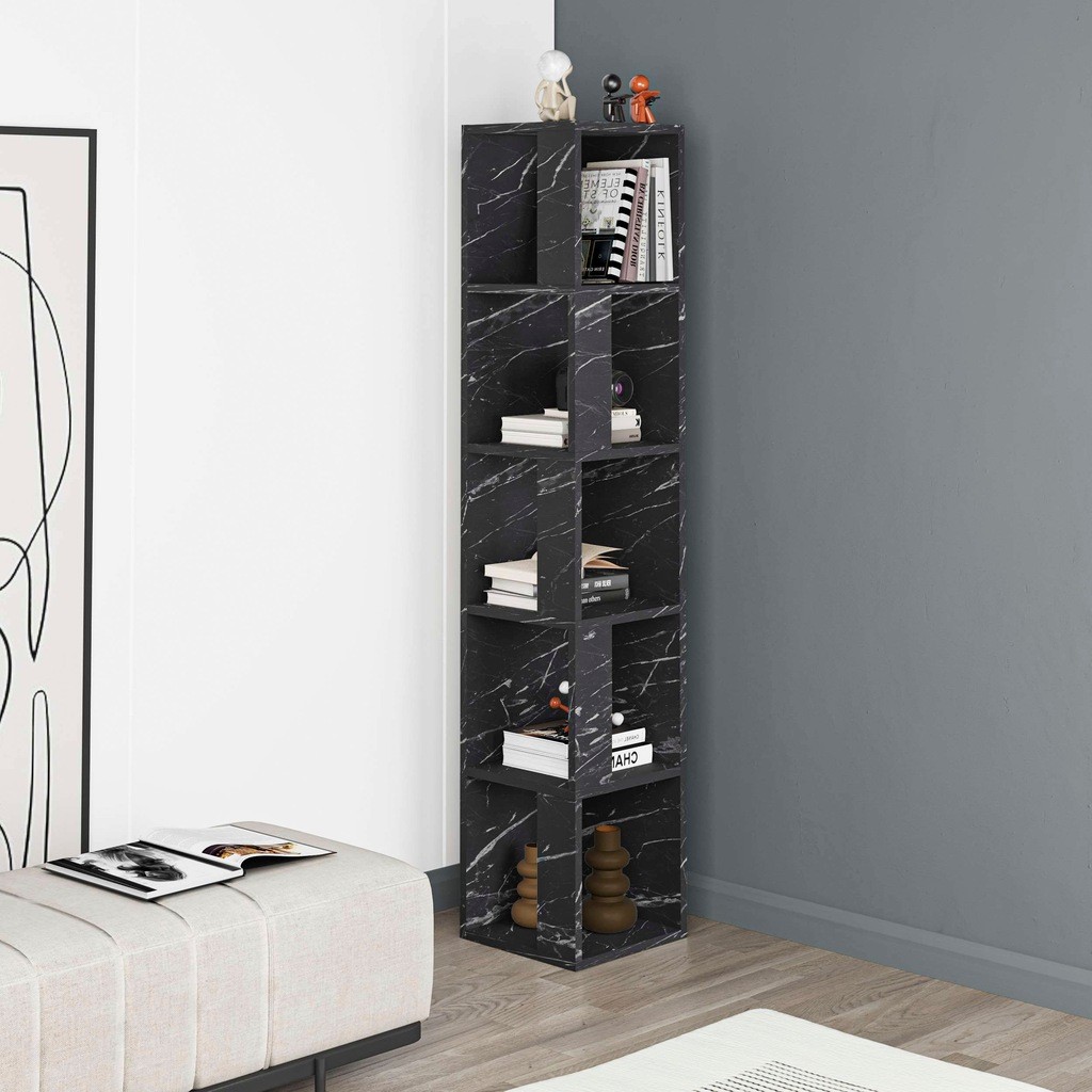 Decortie Piano Black Marble Effect 5 Shelf Corner Bookcase - image 2