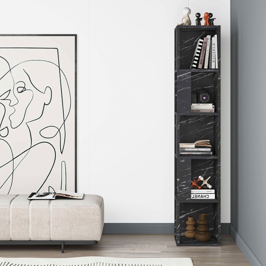 Decortie Piano Black Marble Effect 5 Shelf Corner Bookcase - image 3