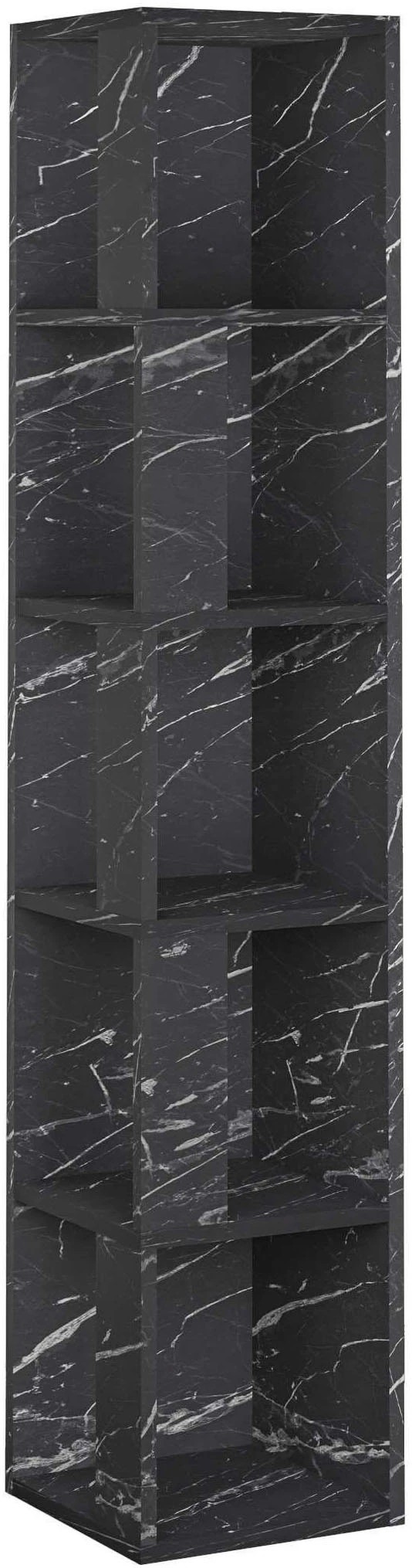 Tall, modern bookshelf in a black marble finish with white veining, featuring multiple open compartments for storage, designed for easy assembly and space-saving.