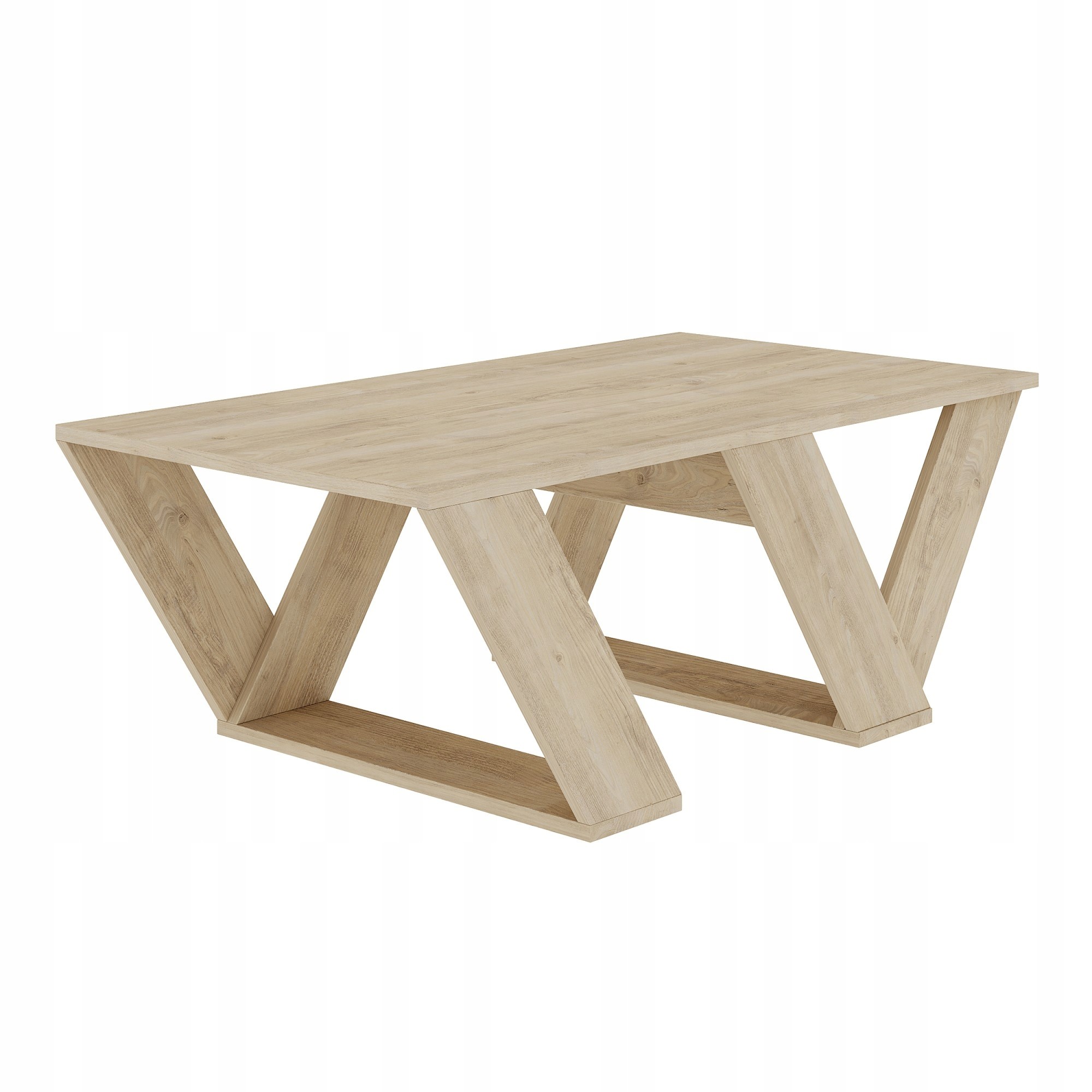 Cream-colored particleboard coffee table with a modern design, featuring a rectangular top and distinctive V-shaped wooden legs, measuring 60x110x40 cm.
