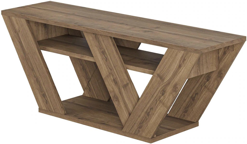 Dark oak effect TV unit with a modern V-shaped design, featuring two open shelves, suitable for TVs up to 42 inches, measuring 30x110x40 cm in a rich brown finish.