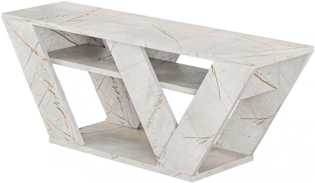 Gold marble effect TV unit with angular design, featuring two open shelves, suitable for TVs up to 42 inches, dimensions 30x110x40 cm, ideal for living room decor.