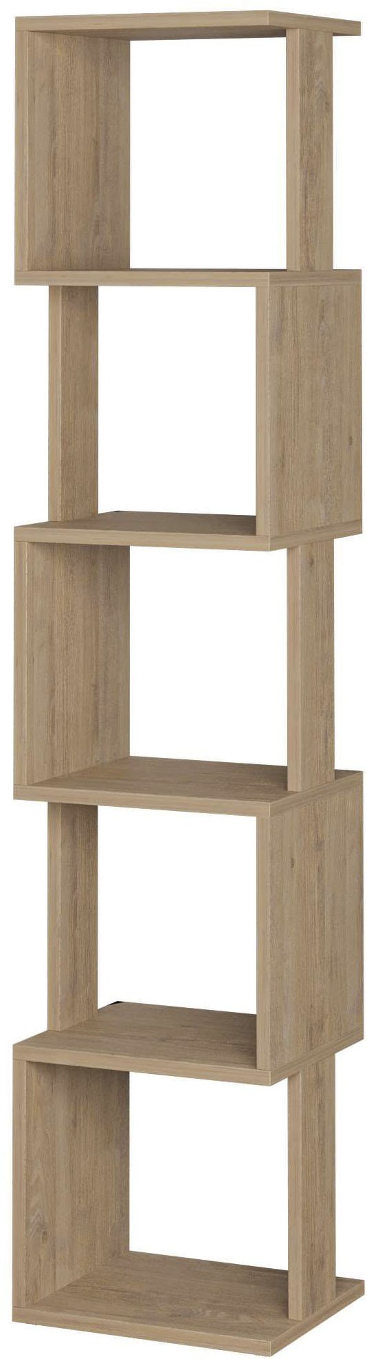 Wall-mounted corner bookcase unit in oak particleboard, featuring five staggered open shelves in a cream finish, measuring 30x35x161 cm.