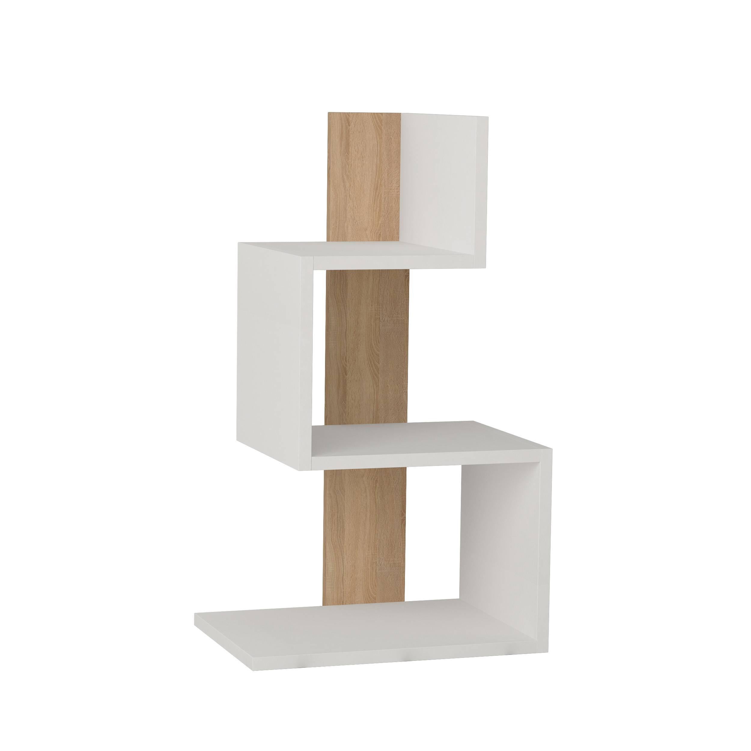 Stylish white particleboard bedside end table with three asymmetrical shelves and a natural wood accent, measuring 30x42x72 cm, perfect for modern decor.