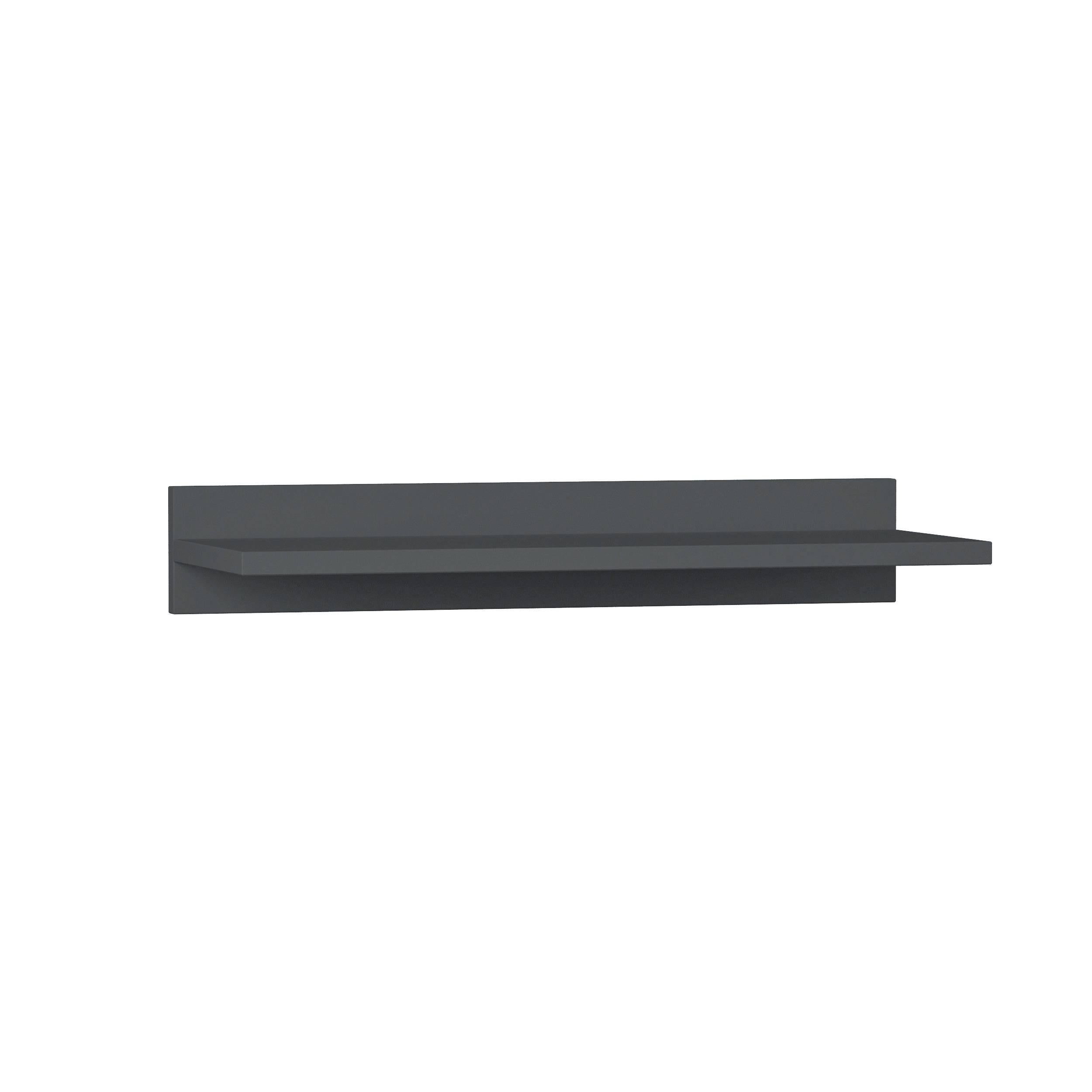 Sleek, dark gray wall shelf with a minimalist design, featuring a flat surface and a subtle lip for added stability, made from durable material.