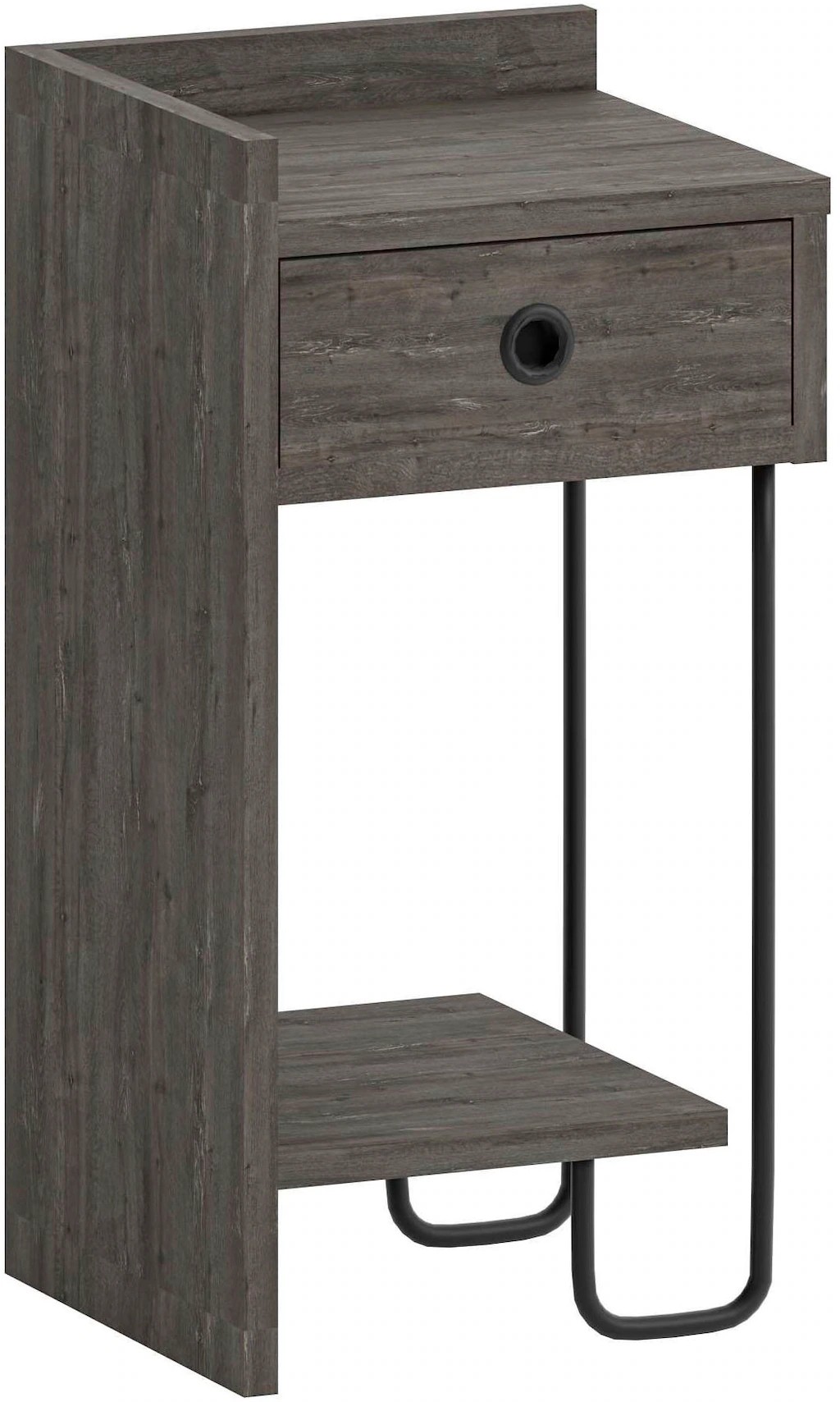 SIRIUS nightstand in a dark wood finish with a single drawer and open shelf, featuring sleek black metal legs for a modern, space-saving design.
