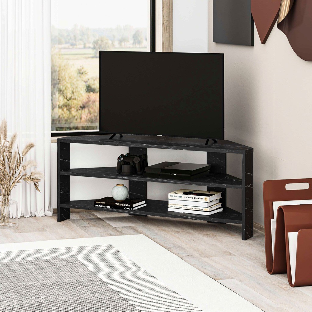 Decortie Thales Black Marble Effect 2 Shelf Corner TV Unit - image 2
